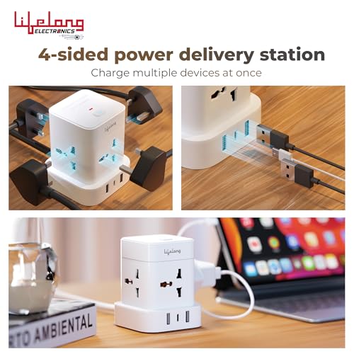 Image of Lifelong Electronics Extension Board 7-in-1 with Switch | 4 AC Sockets + 3 USB Ports (2 Type A + 1 Type C) | Overload Protection | Desk Accessories & Multiplug Gadget | 2M Cord (Model: Cube)
