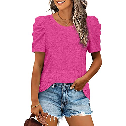 Womens Casual V Neck T Shirt Puff Sleeve Tops Ruched Elegant Shirts Loose Fit Dressy Pullover Blouse Tops (Medium,Rose)