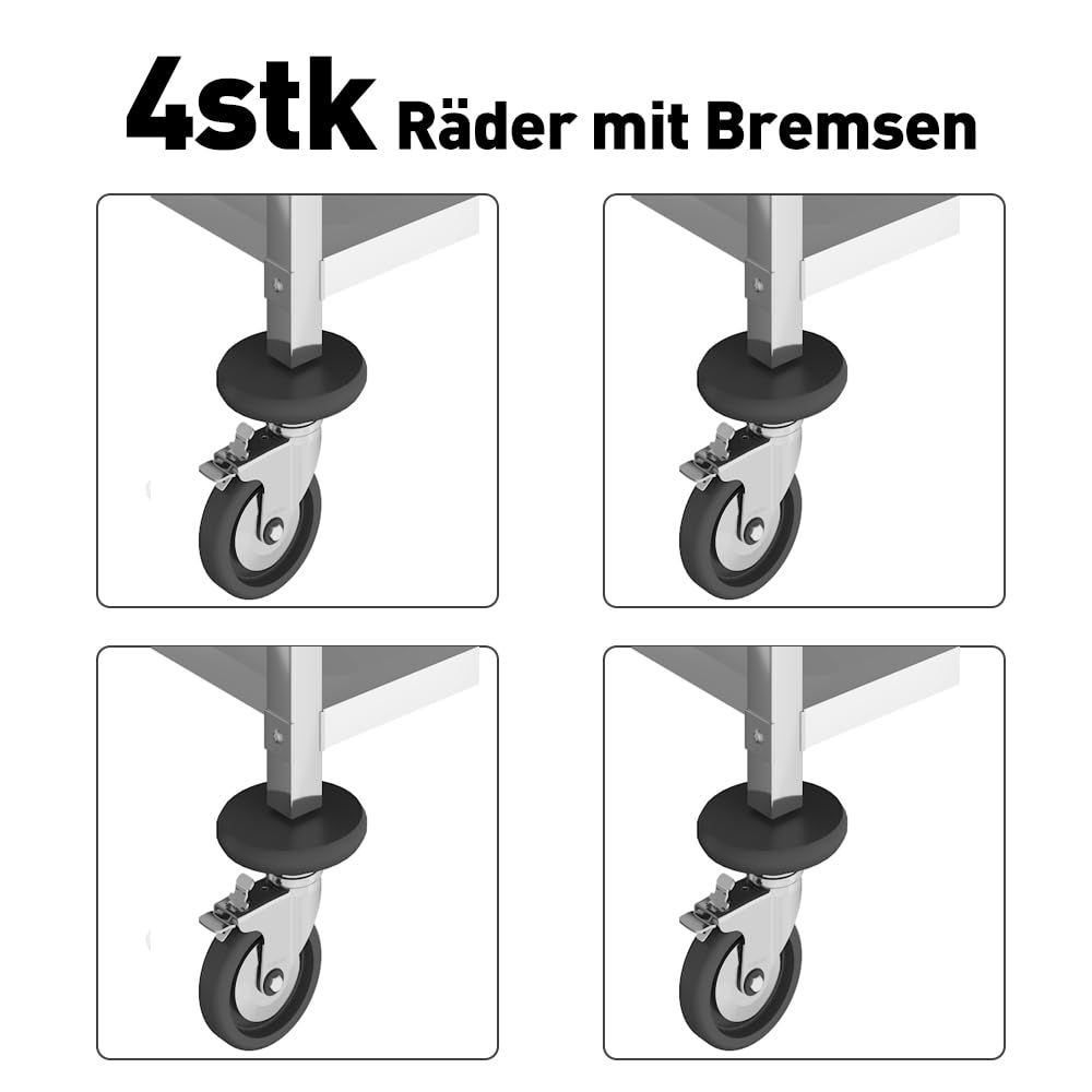 servierwagen Edelstahl 3 böden,servierwagen mit Rollen und 4-Bremsräder,Küchenwagen für Hotel Restaurant (75 x 40 x 83cm)