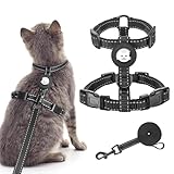 BINGPET Cat Harness and Leash Set Escape Proof for Walking,Adjustable Kitten Harness with Airtag Holder for Small Medium Large Cats (Black Reflective, Neck:8'-12' Chest:12.5'-18')