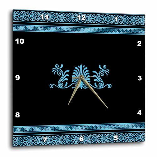 3dRose dpp_56710_2 Blue and Black Ancient Greek Decorative Spirals and Palm Leaves-Classical Grecian Key-Wall Clock, 13 by 13-Inch
