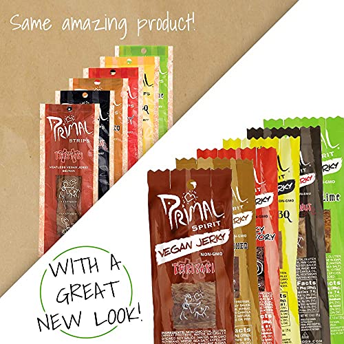 Primal Spirit Vegan Jerky - Sampler Pack, 10g. Plant Based Protein, Certified Non-GMO (Classics Thai Peanut, Mesquite Lime, Teriyaki, Hot & Spicy, Hickory Smoked, & Texas BBQ, 24-Pack, 1 oz.)