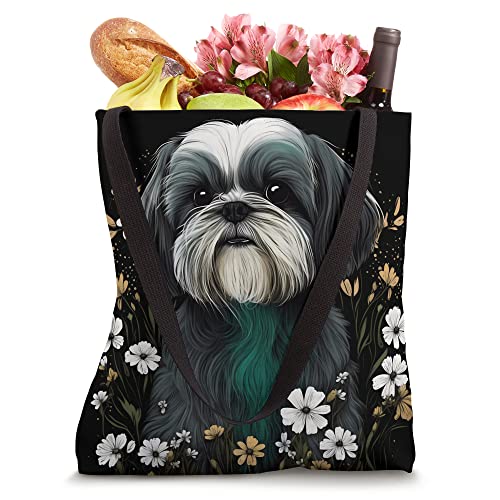 Bolso Tote Negro con Diseño Floral y Perro Shih Tzu miniatura 4