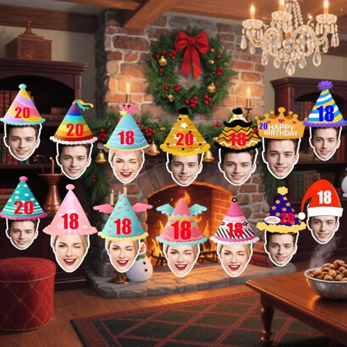 Banderines Personalizados con Rostros,6-20 Piezas Gorros con Foto y Edad - Guirnalda de Cumpleaños, Cartel de Feliz Cumpleaños Divertido - Decoración para Fiestas - Ideal Bodas, Jubilación