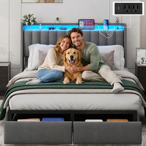 Image of Full Size Bed Frame with Upholstered Storage Headboard and 2 Drawers | Full Size Metal Platform Bed with LED Lights and Charging Station, Noise-Free, No Box Spring Needed, Easy Assembly, Gray