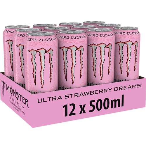 Monster Energy Ultra Strawberry Dreams - koffeinhaltiger Energy-Drink mit süßlich-saurem Erdbeer-Geschmack - ohne Zucker, ohne Kalorien - in praktischen Einweg Dosen (12 x 500 ml)