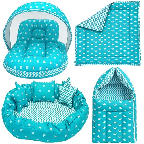 Image of Fareto Combo of Baby Bed with Net | Carry Bag | 4 Pcs Bedding Set (0-6 Months, Baby Size, Cotton) (Blue Crown)