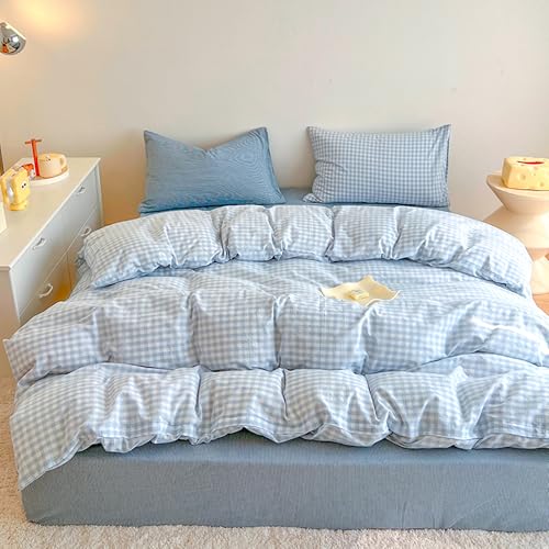 Image of BOLINLIVING Gingham Duvet Cover Full Size, 3PCS Light Blue White Checkered Plaid Duvet Cover Set, Microfiber Bedding Set for All Season with Zipper Closure and Corner Ties