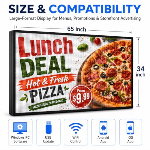 Image of CX P5 Outdoor LED Sign 65 inch x 34 inch, IP65 Waterproof Full-Color Programmable LED Display, 320 x 160 Pixel Digital Sign Board with WiFi & USB Control for Restaurants, Stores & Business Advertising