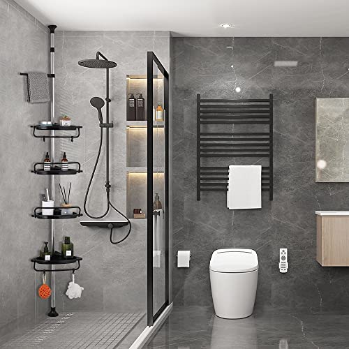 GRICOL Black Shower Caddy Corner Adjustable Bathroom Corner Shelf Shower Shelf with 4 Trays, 4 Hooks, 1 Towel Bar for Bathroom Storage Organizer Rustproof 95-305CM