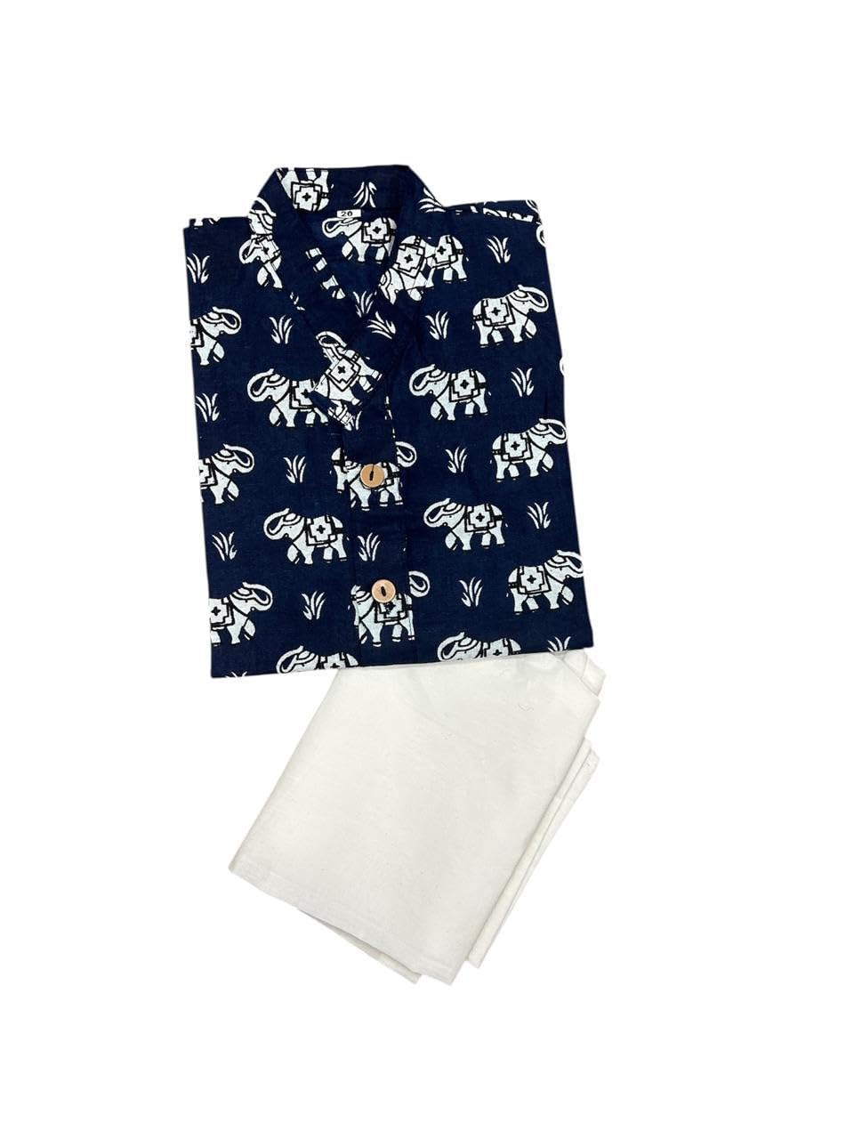 NiAK Boys Traditional Cotton Kurta Pyjama Set, Navy Blue with White Elephant Print, Three-Quarter Sleeves, 2-Piece Ethnic Wear for Kids (1-2 Years) 2