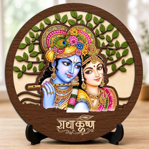 Image of Radha Krishna Table Top Wooden Idol /Murti for Mandir Decoration, Office Desk & Festive Gift | Prayer Corner - 5x5 Inch