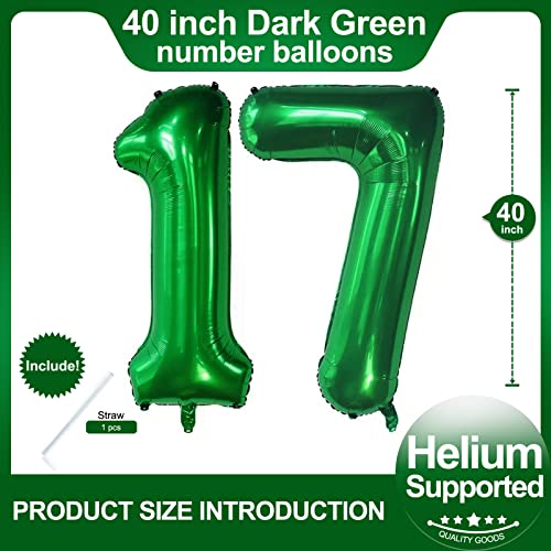 Image of Number 17 Dark Green Balloons 40 Inch Giant Green 17 Numer Foil Helium Balloons for 17th Green Birthday Party Supplies 17th Anniversary Events Decorations