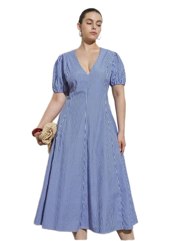 Patakadevi Women’s Blue Cotton Striped A-Line Dress | Elegant Casual Wear with Comfortable Fit & Modern Look | Size - XS to 7XL-picture-18