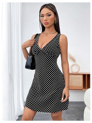 Image of MakeMeChic Women's Polka Dots Dresses V Neck Sleeveless Summer A Line Mini Dresses
