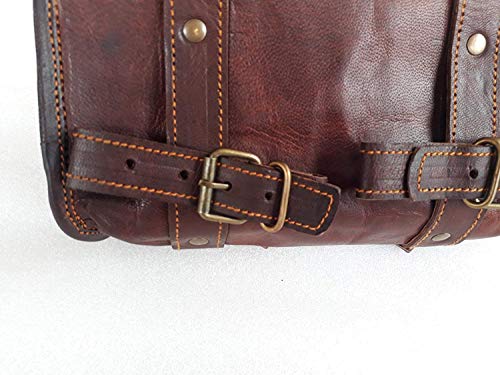 Motorcycle Genuine Goat Leather 2 Strap Buckle Closure Tool Harley Brown Bag Quick Release Clasp Reinforced For Handlebars,Forks, Sissy Bar Swing Arm Motorcycle Tool Roll Bag 10" #TOP5