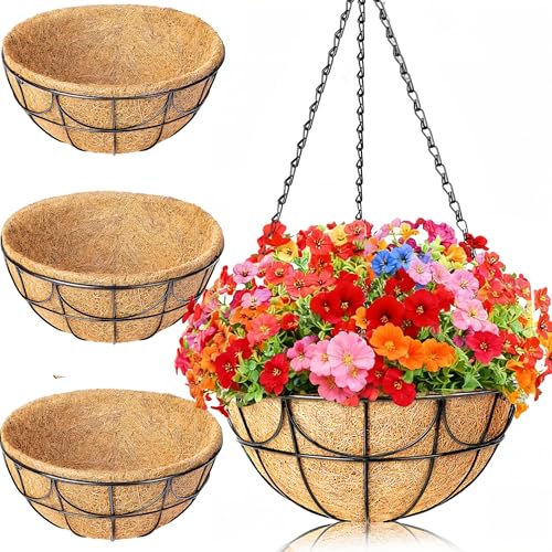 EINYEXW 12 Inch 3 Pack Hanging Baskets Planters for Outdoor Plants - Wire Hanging Baskets Plant for Plants Outdoor with Coco Liners Minimalist Metal Hanging Pots for Outside Garden Patio Porch Decor