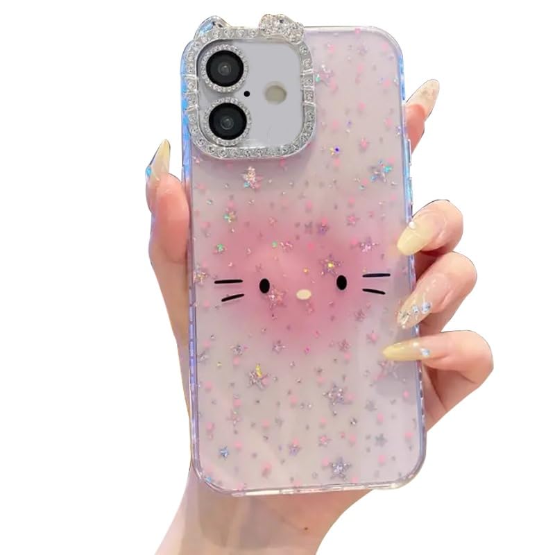 Image of mobistyle Designed for iPhone 16,Cute Sparkling Cat Pattern Camera Protection Back Cover Case for Women Girls | iPhone 16,Pink |