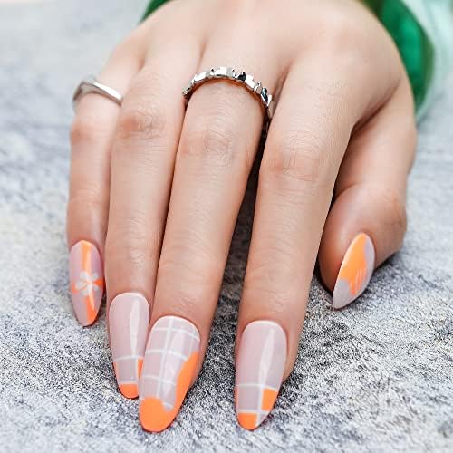 Jofay Fashion Press on Nails Almond, Short Soft Gel Press on Nails False Nails with Glue, 24pcs Stick on Nails Press on Set with Salon UV Finish at Home (Orange Flower)