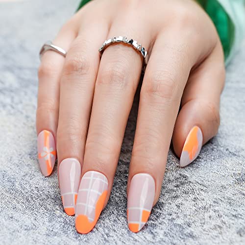 Jofay Fashion Press On Nails Almond, Short Soft Gel Press On Nails False Nails With Glue, 24Pcs Stick On Nails Press On Set With Salon Uv Finish At Home (Orange Flower) #TOP17