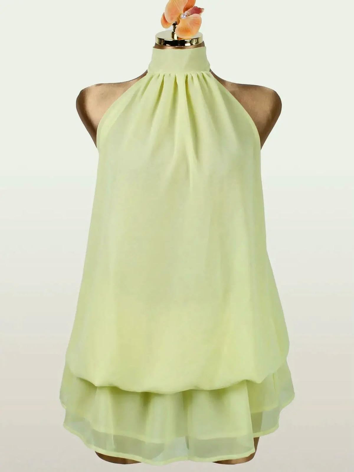 Abito Donna Mini Senza Maniche in Chiffon da Donna, Elegante Estivo Fluido A Strati con Collo Alto per Feste E Vacanze-Marrone-l