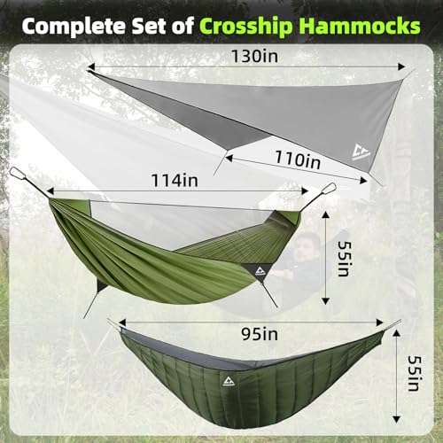 Image of Camping Hammock with Mosquito Net, Underquilt & Rain Fly Tarp - 2 Person Portable Backpacking Hammock Set for Hiking, Backpacking, Travel, Backyard, Beach - Holds Up to 500lbs (Green)