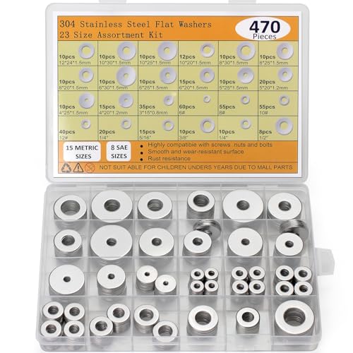 Fender Washers 304 Acier inoxydable 470 Pcs SAE + Métrique 23 Tailles Set d'assortiment de rondelles plates, Kit de rondelle pour boulons (M3 M4 M5 M6 M8 M10 M12 6# 8# 10# 1/4 5/16 3/8 1/2