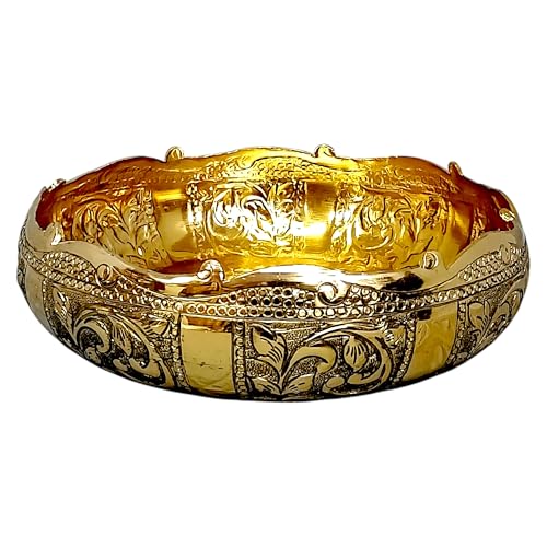 Image of Decorative Embossed Urli Bowl | Aluminium Urli Pot for Floating Flowers and Tea Light Candles Home Office Table Decor Diwali Decoration Items (Brass Antique, Large (12 inch))