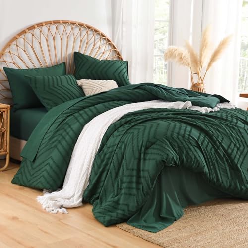 Image of Andency Emerald Dark Green Queen Comforter Set, Boho Tufted Bed in a Bag 7 Pieces Bedding Set, Fluffy Soft Bed Set with 1 Comforter, 1 Flat Sheet, 1 Fitted Sheet, 2 Pillow Shams, 2 Pillowcases