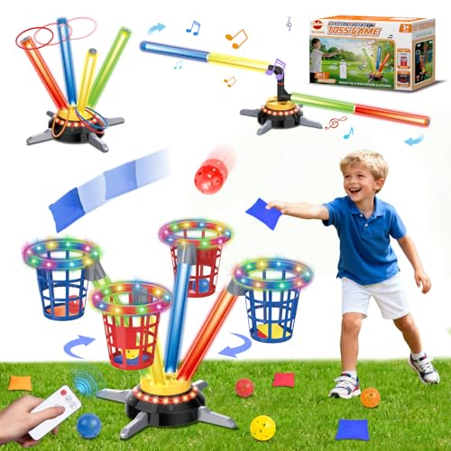VATOS 3-in-1 Bohnensack- & Ringwurf-Spiel, Musikalische Sprünge für Kinder, Elektrische Drehbasis mit Fernbedienung, Lichter, 12 Sandsäcke, 12 Wurfringe, 12 Bälle, Indoor-Outdoor-Gartenspielzeug