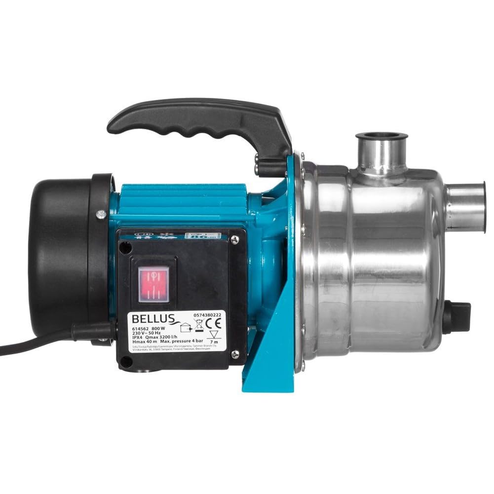 BAKAJI Pompa da Giardino in Acciaio Inox per Irrigazione, Potenza 800 Watt, Portata Massima 3200 l/h, Elettropompa Pressione Massima 4 bar e Cavo da 1.2 Metri, Ideale per Pozzi, Serbatoi, Irrigare