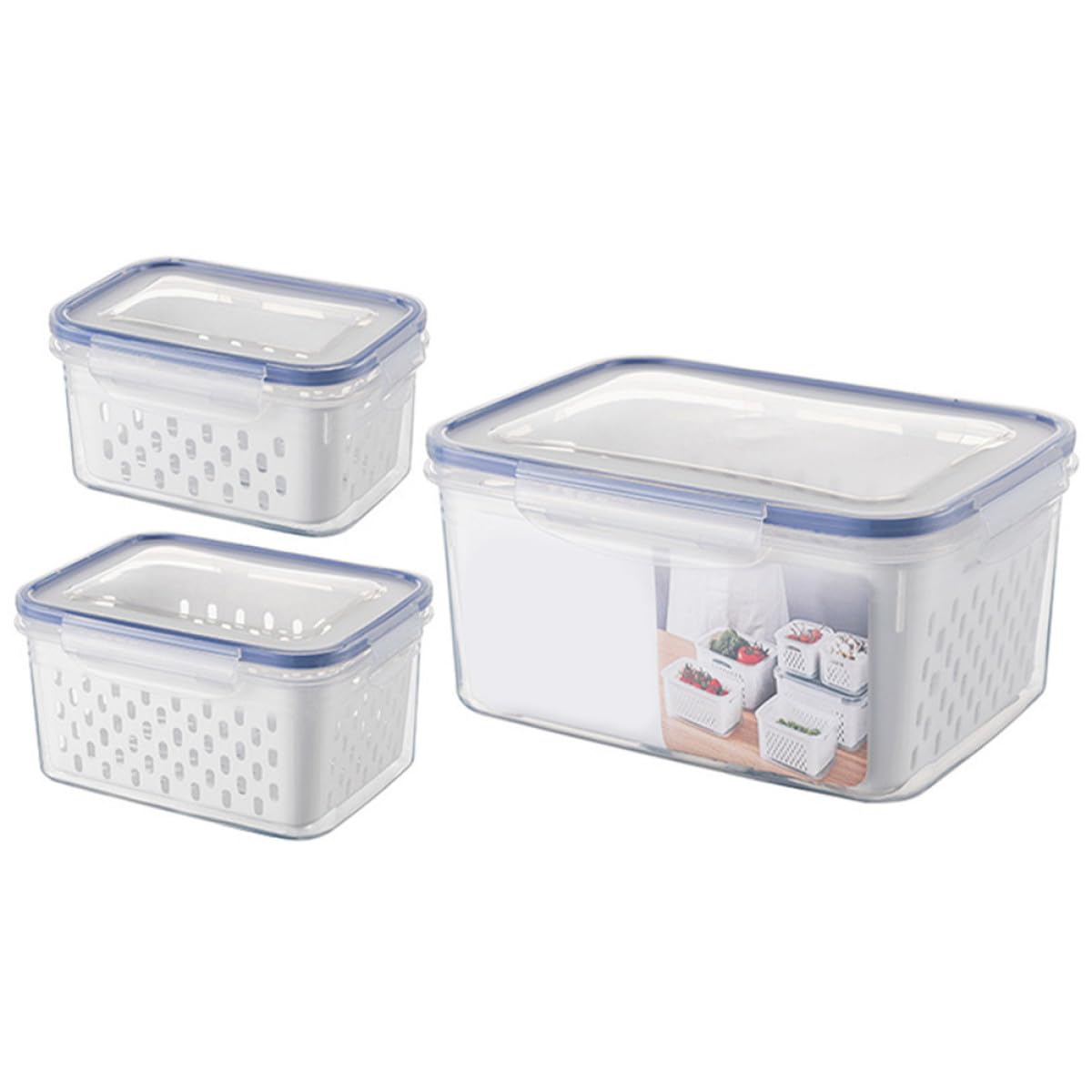 FOMIYES 3 Contenedores para Almacenar Alimentos con Tapa y Cesta de Drenaje, Diseño Transparente de Pp, Capacidad de 850ml, 1750ml y 3300ml para Frutas y Verduras en Refrigerador