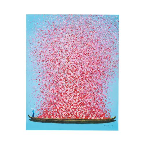 Kare Impression sur toile motif bateau à fleurs, bleu, rose, peinture acrylique, détails peints à la main, cadre en bois massif, décoration d'intérieur...