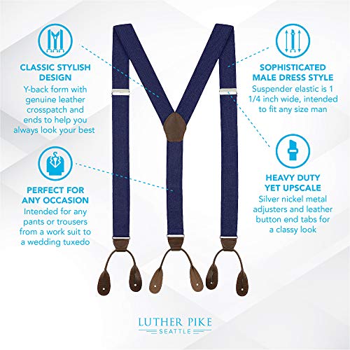 Fashion Accessories Leather Tuxedo Suspenders for Men: Button Pant Braces Clothes Accessory with Elastic, Y Back Design - (Navy Blue) - Thumbnail 3