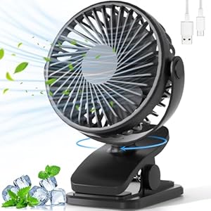 Portable Clip on Fan, 360° Rotate Battery Operated Stroller Fan, 3 Speed Quiet Mini Personal Desk Fan, USB Rechargeable Clooing Fan for Outdoor Camping Golf Cart Stroller Home Office Black