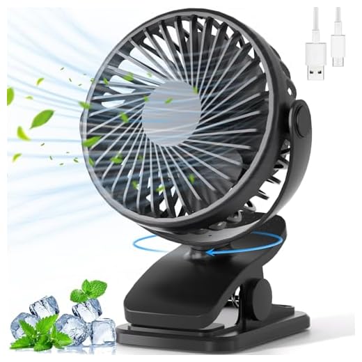 Portable Clip on Fan, 360° Rotate Battery Operated Stroller Fan, 3 Speed Quiet Mini Personal Desk Fan, USB Rechargeable Clooing Fan for Outdoor Camping Golf Cart Stroller Home Office Black