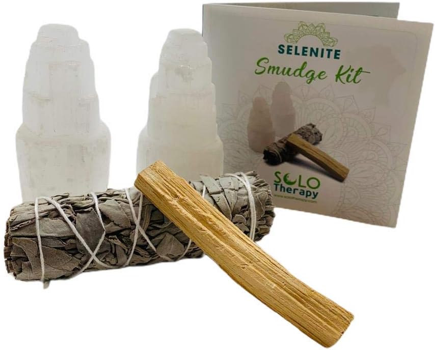2 Selenite Natural Towers Skyscraper 4" Tall, 1 California White Sage Smudge Stick 4" and 1 Palo Santo Stick from Perú - Salvia- Protection from Negative Energy Reiki Chakra Crystal Healing