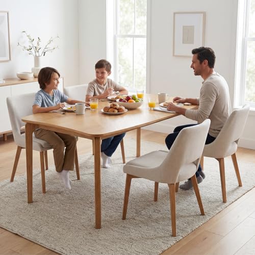 Image of DUOMAY Mid-Century Modern Oak Color Dining Table, 63 inch Rectangular Kitchen Table with Solid Wood Legs, Curved Edges, 6-Person Table for Dining Room Living Room Kitchen