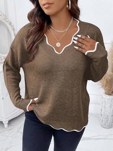 Image of MAKEMECHIC Women's Plus Size Long Sleeve Sweaters Scalloped V Neck Knit Cozy Sweater Pullover