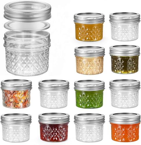 FRUITEAM 4 oz 12 PACK Mini Mason Jars with Lids and Bands, Quilted Crystal Jars Ideal for Spice, Honey, Jam, Body Butters, Jelly, Wedding Favors, DIY Candles Decor