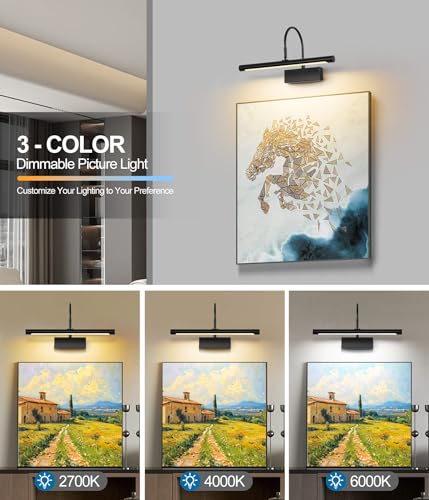 Image of Picture Light, 5000mAh Battery Rechargeable Wall Sconce,16 inch Black Art Painting Light with Remote Dimmable, 3 Color temperatures & Timmer Art Lights for Paintings,Picture Frame,Gallery
