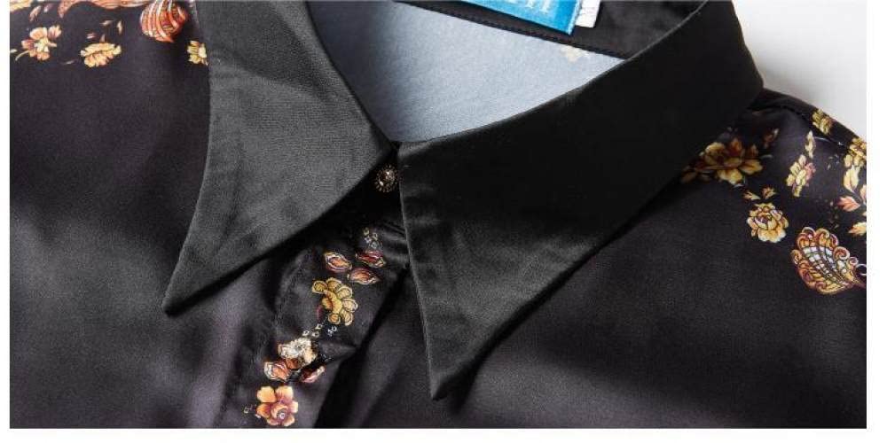 Damen-Hemd Mit Knopfleiste,Leichtes Damen-Revers-Button-Down-Blumendruck-Satin-Blusen-Hemd Mit Langen Ärmeln, Schwarzes Tunika-Hemd, Chiffon-Oberteile, Lässig, Büro, Business-Bluse Für Mädchen, Dame
