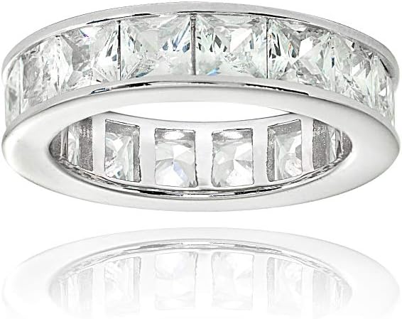 Hoops & Loops 925 Sterling Silver 4mm Princess-Cut Cubic Zirconia Channel Set Eternity Band Ring for Women, Size 6