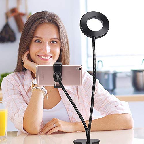 Selfie Ring Light with Cell Phone Holder Standard for Live Stream and Make up, Kishgo Flexible Long Arm for iPhone and Android Phone,[3-Light Mode] [10-Level Brightness] LED Desk Lamp (Black)