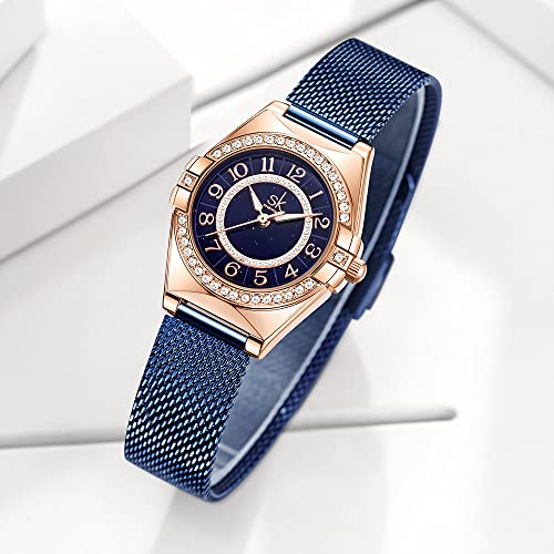 Shengke Sk Ladies Easy Read Watch With Arabic Numerals Crystal Diamond Women Dress Watches Water Resistant (Blue Mesh) #TOP4