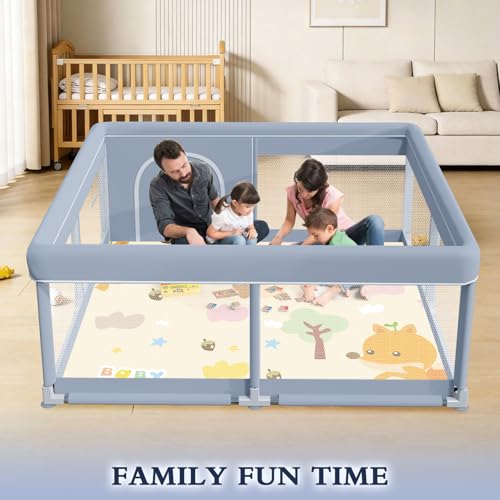 Image of XVISHX 50 x 50 Inch Baby Playpen with Mat, Playpen for Babies and Toddlers, Baby Playard for Indoor & Outdoor Active Center Game Fence, with Skin-Friendly Fabric and Soft Breathable Mesh, Grey