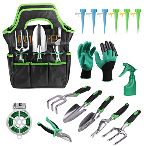 Gardening Tools, 16PCS Garden Tools Set Gardening Kit with Heavy Duty Aluminum Gardening Hand Tools Kit Storage Tote Bag Self Watering Spikes Claw Gardening Gloves for Flower and Vegetable Plants Care