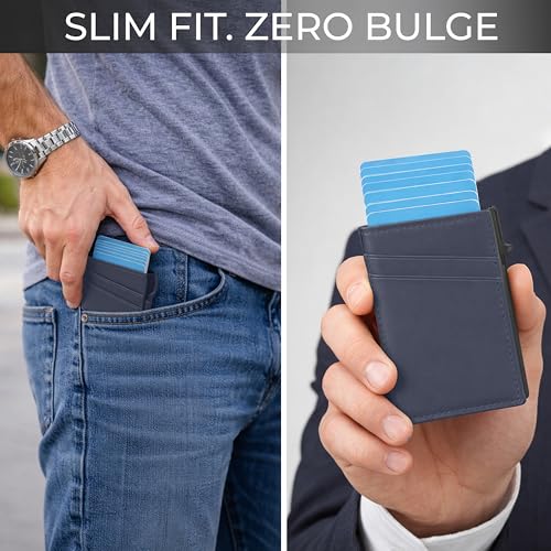 Image of VOGARD Pop-Up Card Holder for Men, RFID Blocking Slim Aluminium Case with Premium PU Leather, Automatic Card Ejector, Front Pocket Design (Blue)