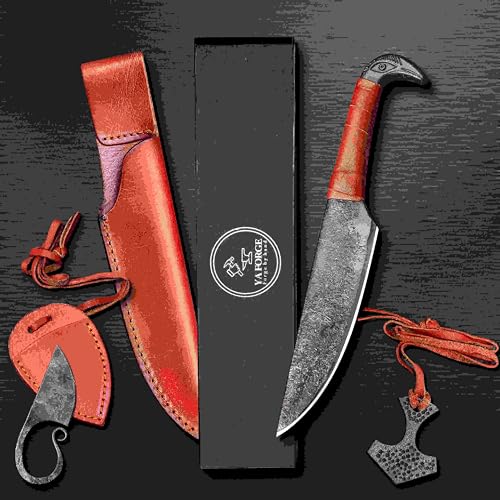 PREMIUM 3-IN-1 Viking Knife Set- Dive deep into Norse heritage with our all-inclusive bundle, Raven Head seax knife, a 4-inc Celtic pocket knife, and a 2.2-inc Mjolnir pendant necklace, (Natural