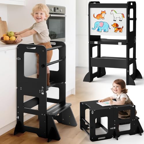 Image of Woodure 4-in-1 Toddler Kitchen Step Stool, Learning Standing Tower with Whiteboard, Wooden Kitchen Stool Helper for Kids, 1-3 Year Old Boy Girl Gifts-Black